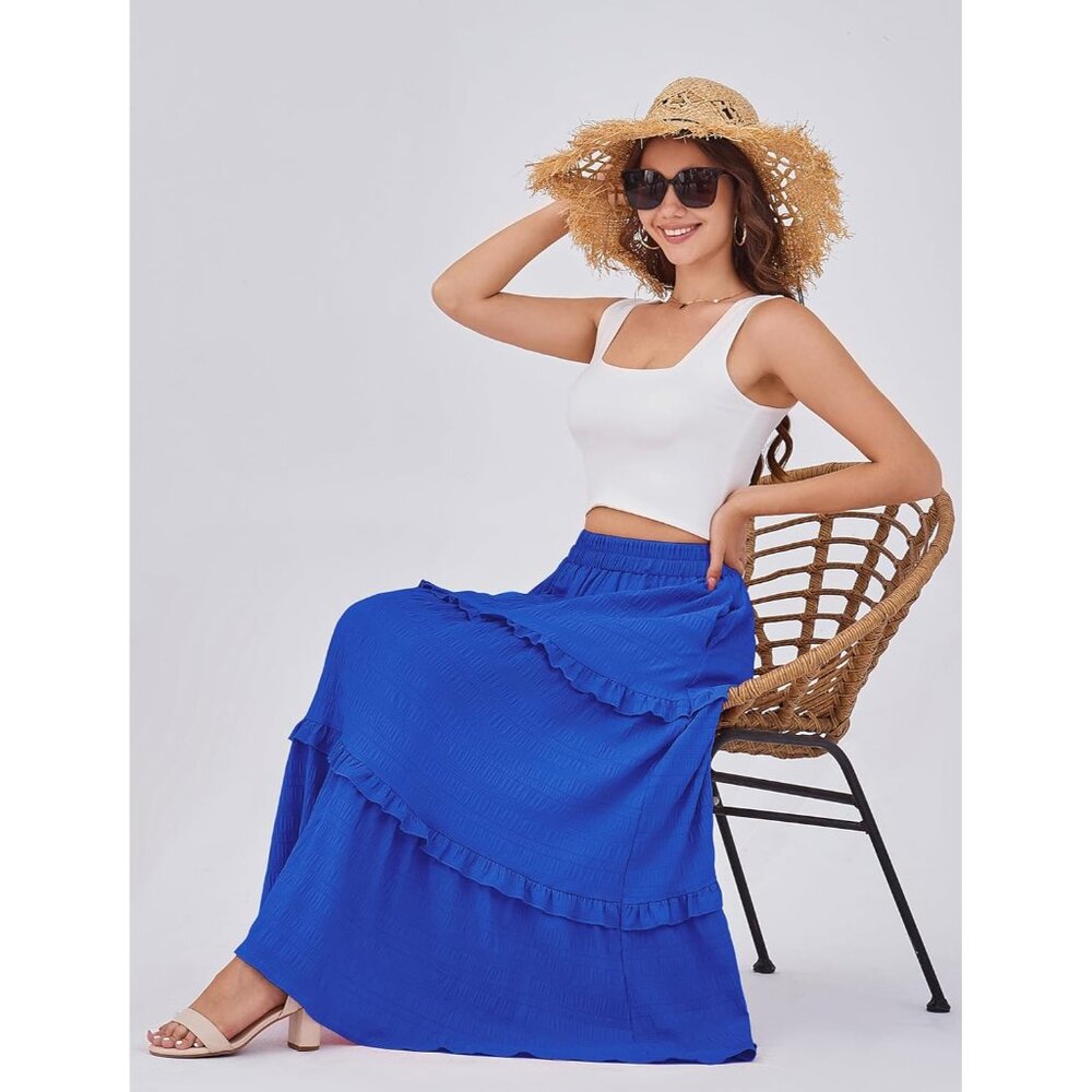 Women's Royal Blue Casual Elegant A Line Flowy Ruffle Tiered Pockets Maxi Skirt - Picture 5 of 5